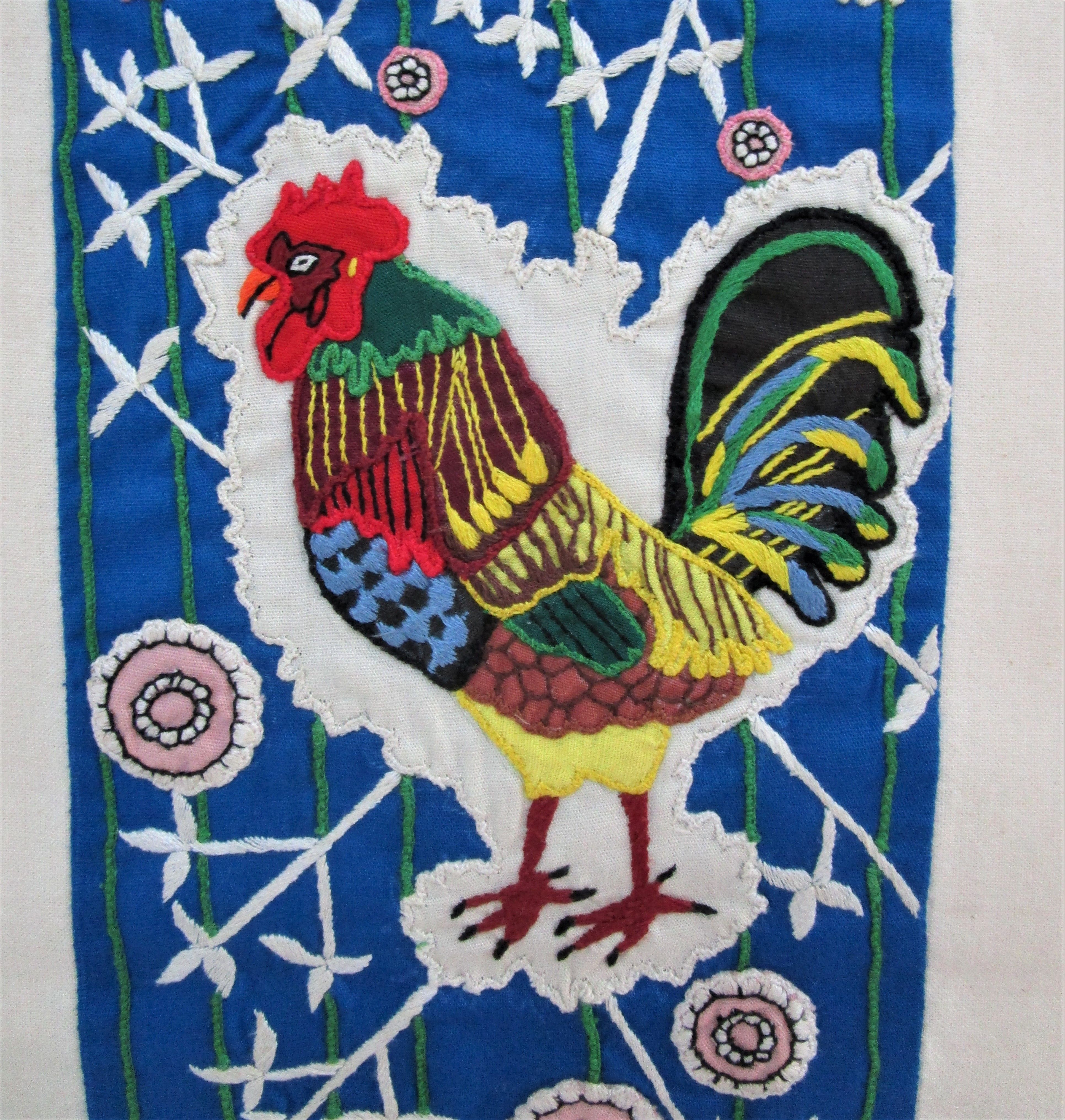 Hand-embroidered blue tapestry decorated with birds and flowers 70s-80s pondicherry