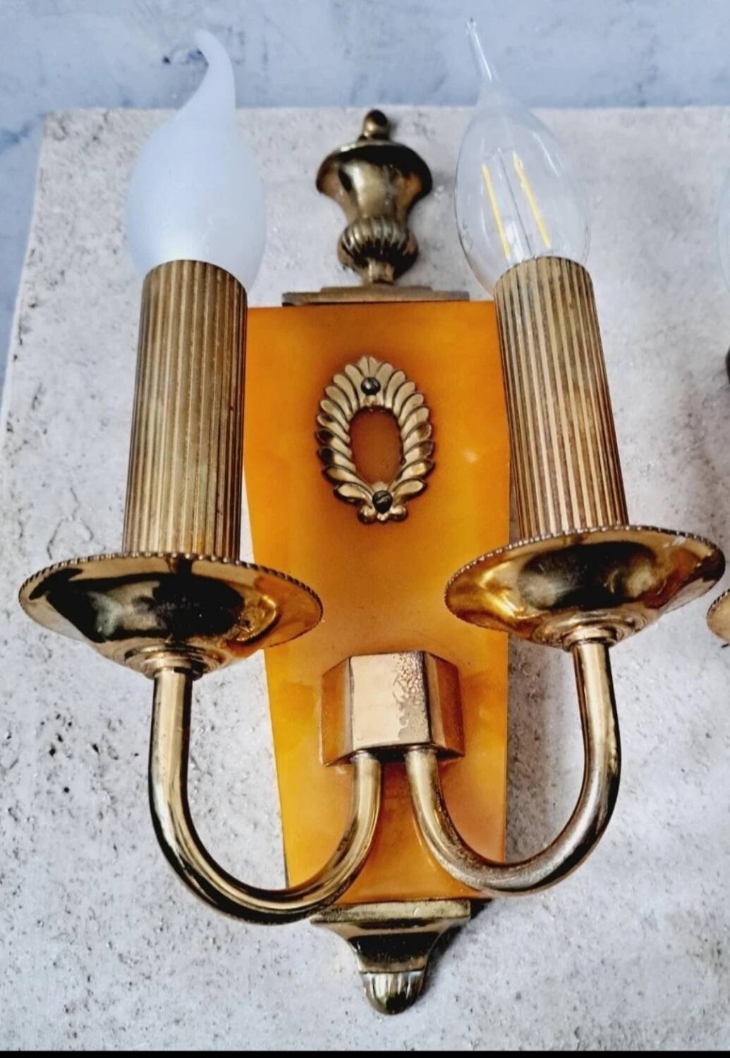 Antique pair of brass bakelite wall lights
