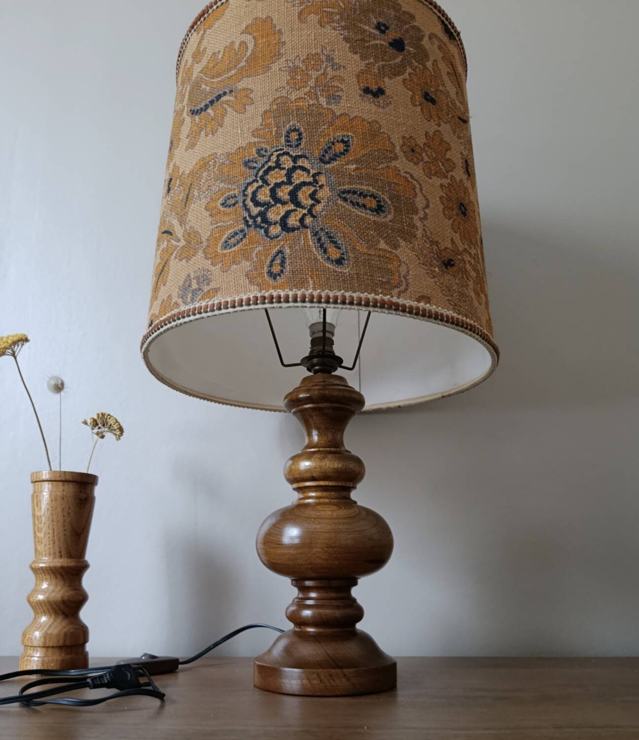 turned wooden lamp with a jute floral shade, authentic sixties