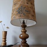 turned wooden lamp with a jute floral shade, authentic sixties