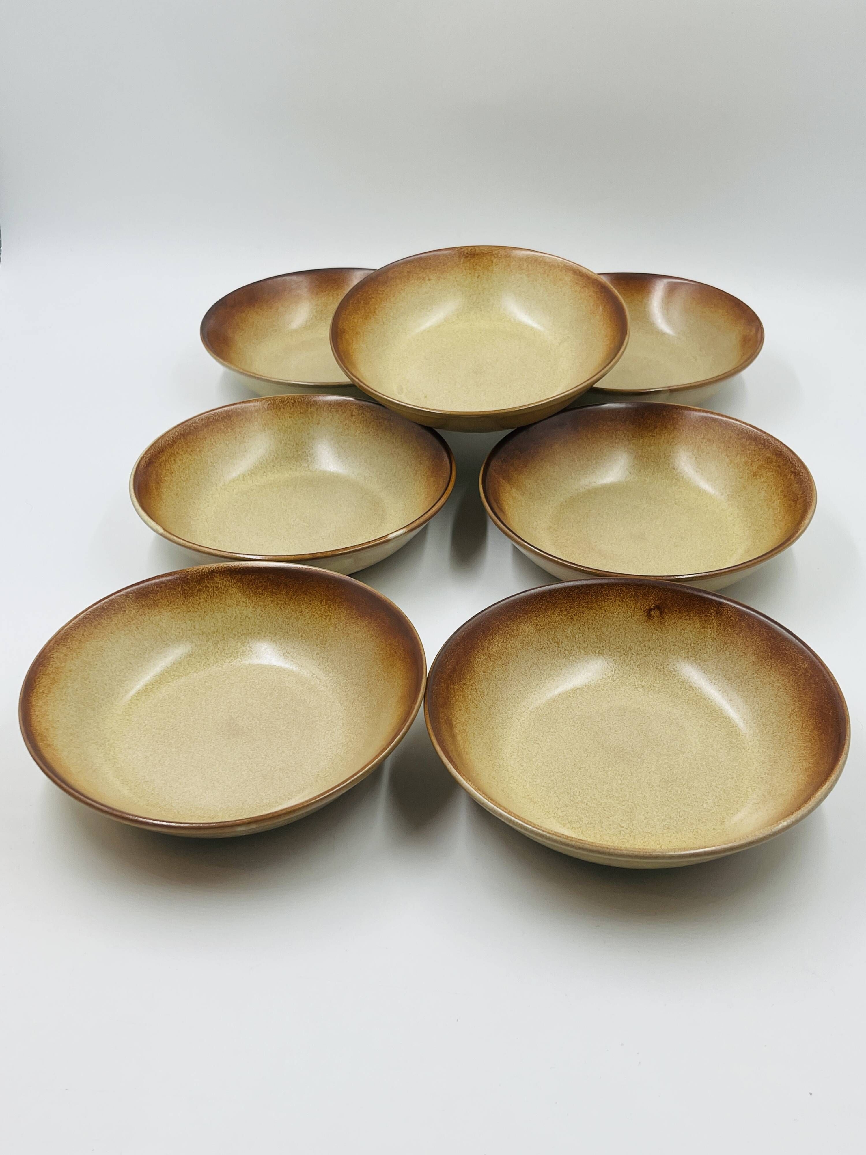 Lot 7 Flamed Stoneware Soup Plates 1970