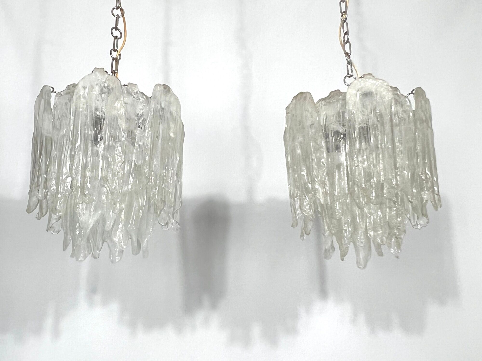 Mazzega Ice glass, pair of vintage murano chandeliers from 70s