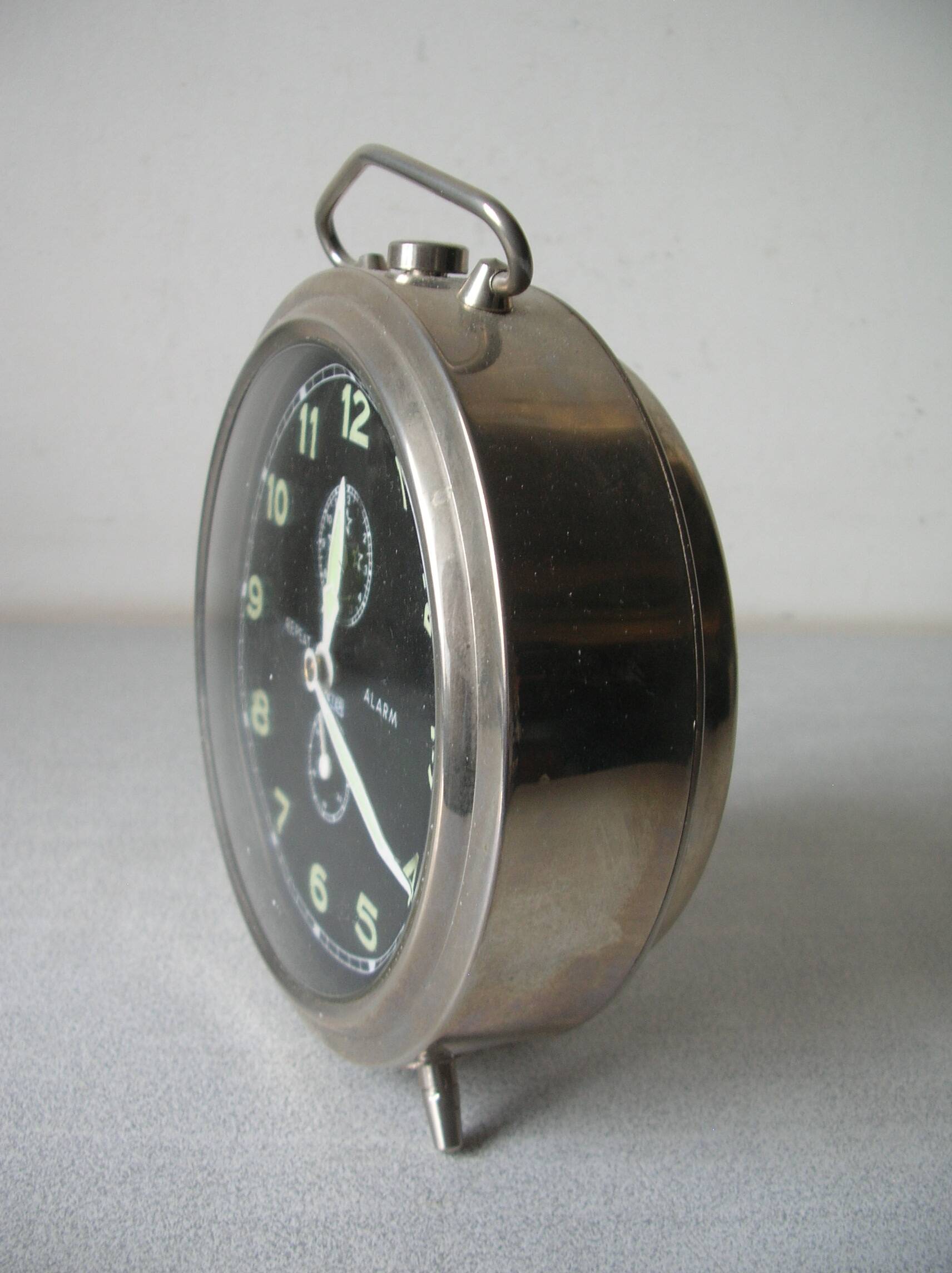Old large mechanical alarm clock Peter Repeat Alarm chrome metal vintage retro decoration