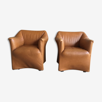 Pair of convertible armchairs in cognac leather - vintage 1970