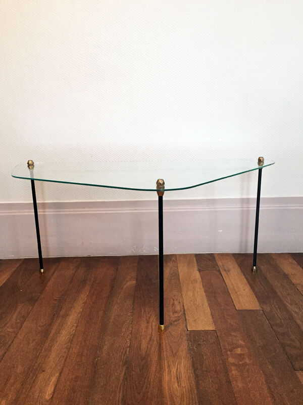 Table basse tripode verre et métal, années 50