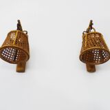 Pair of rattan and cane lantern wall lights. 1950s-60s