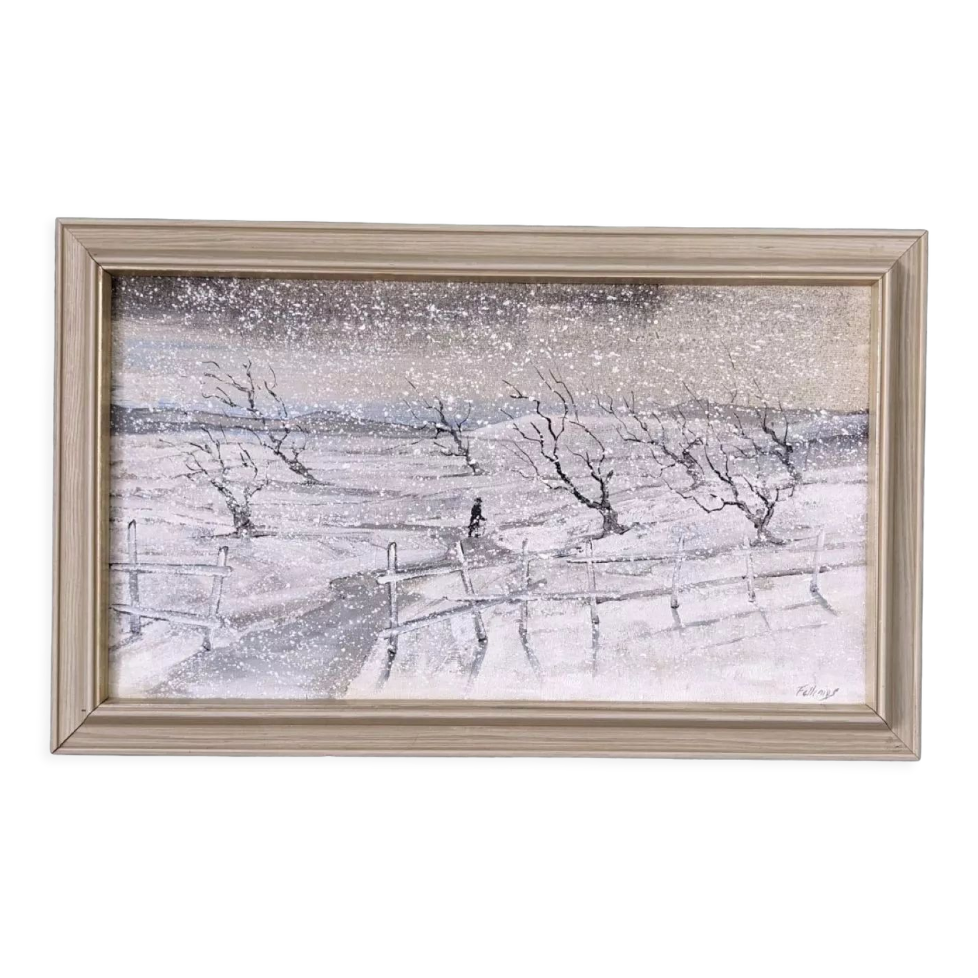 Mid-Century Modern Swedish "Snowfall" Vintage Winter Landscape Oil Painting, Framed