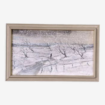 Mid-Century Modern Swedish "Snowfall" Vintage Winter Landscape Oil Painting, Framed