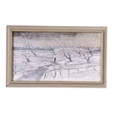 Mid-Century Modern Swedish "Snowfall" Vintage Winter Landscape Oil Painting, Framed