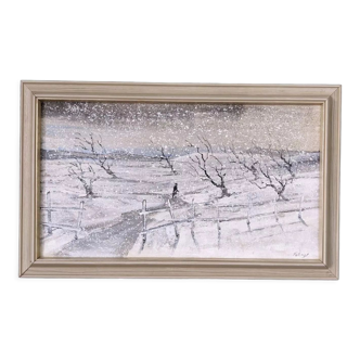 Mid-Century Modern Swedish "Snowfall" Vintage Winter Landscape Oil Painting, Framed