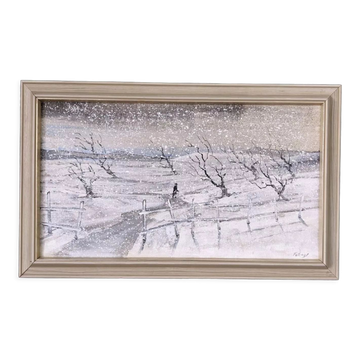 Mid-Century Modern Swedish "Snowfall" Vintage Winter Landscape Oil Painting, Framed