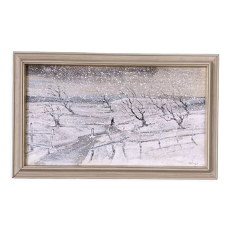 Peinture à l’huile de paysage d’hiver moderne suédoise moderne « Chutes de neige » vintage, encadrée