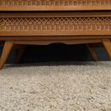 Light oak and rattan chest of drawers with compass feet, three drawers, 1960
