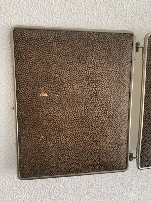 Miroir vintage 1930 triptyque barbier simili galuchat brun - 30 x 77 cm