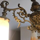 Antique Art Nouveau lustre in gilded bronze with glass pâte de verre tulips signed Muller.