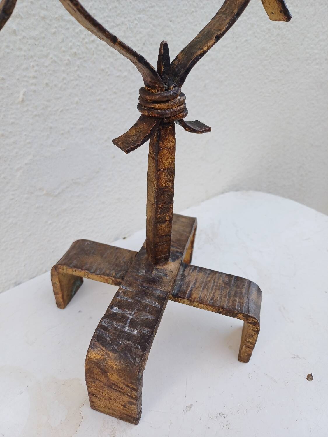 Large hammered wrought iron table candlesticks, gilded, 1950s, 60s