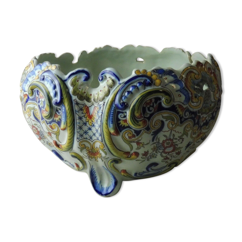 CACHE POT AUX fleurs anciennes Napoléon 3 en tôle peinte h 17,5cm EUR