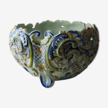 Ancien cache pot en céramique, décor fleurs, Rouen