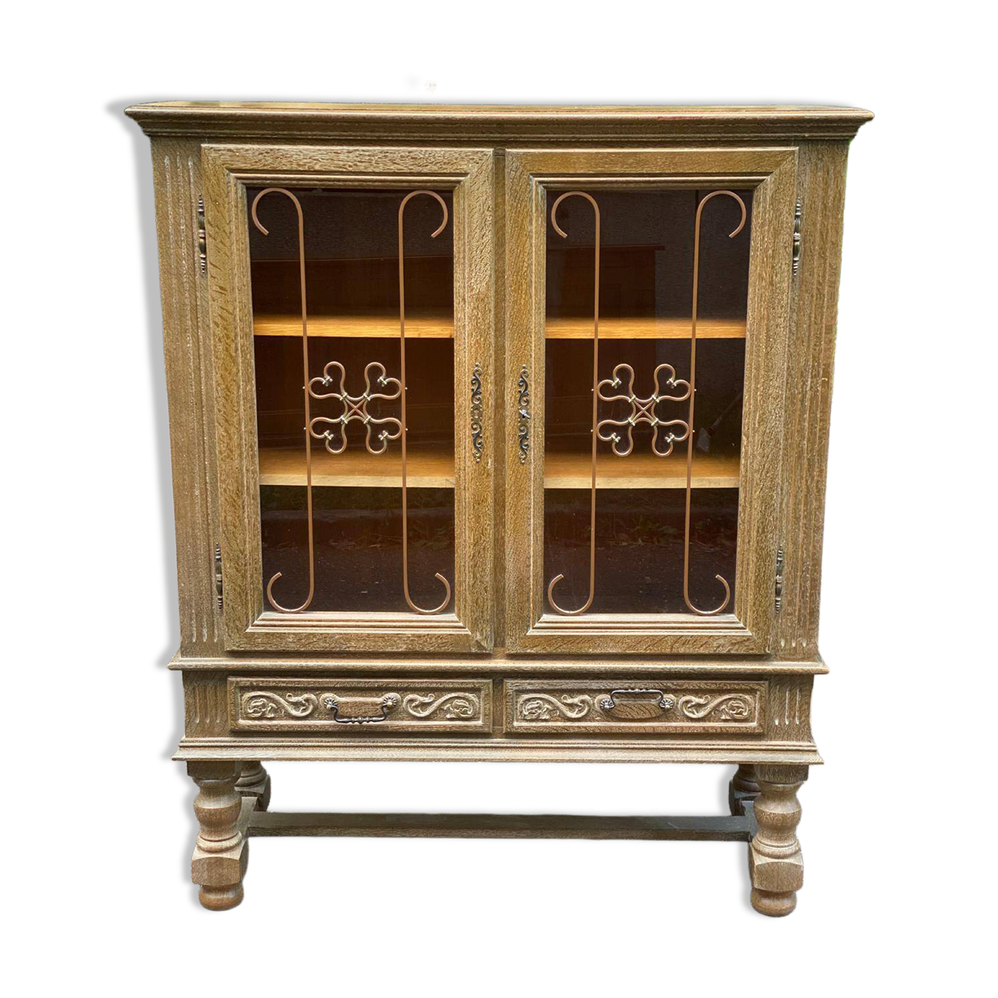 Spanish Renaissance display case in patinated solid wood