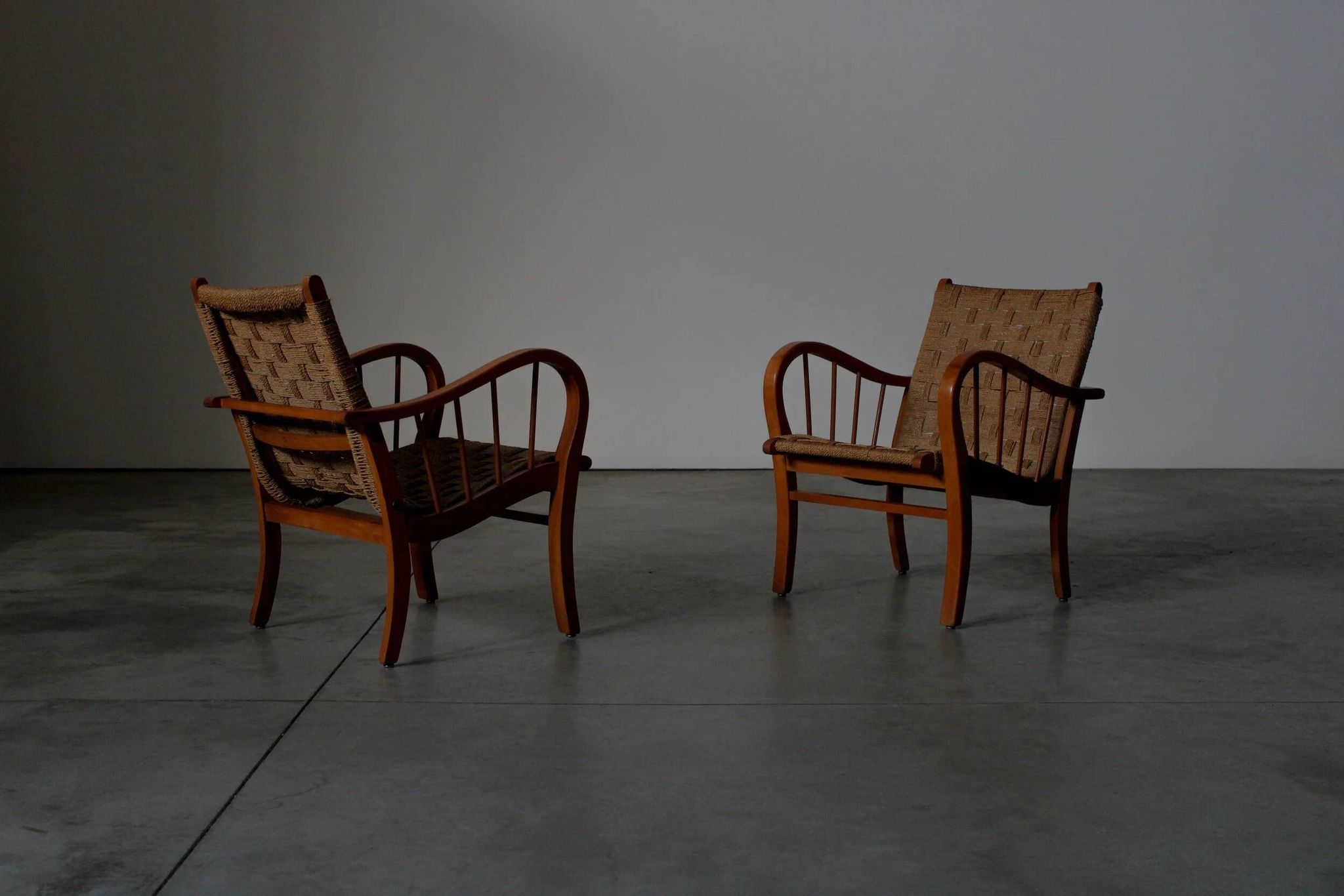 Pair of oak and rope arm chairs - Germany 1950s