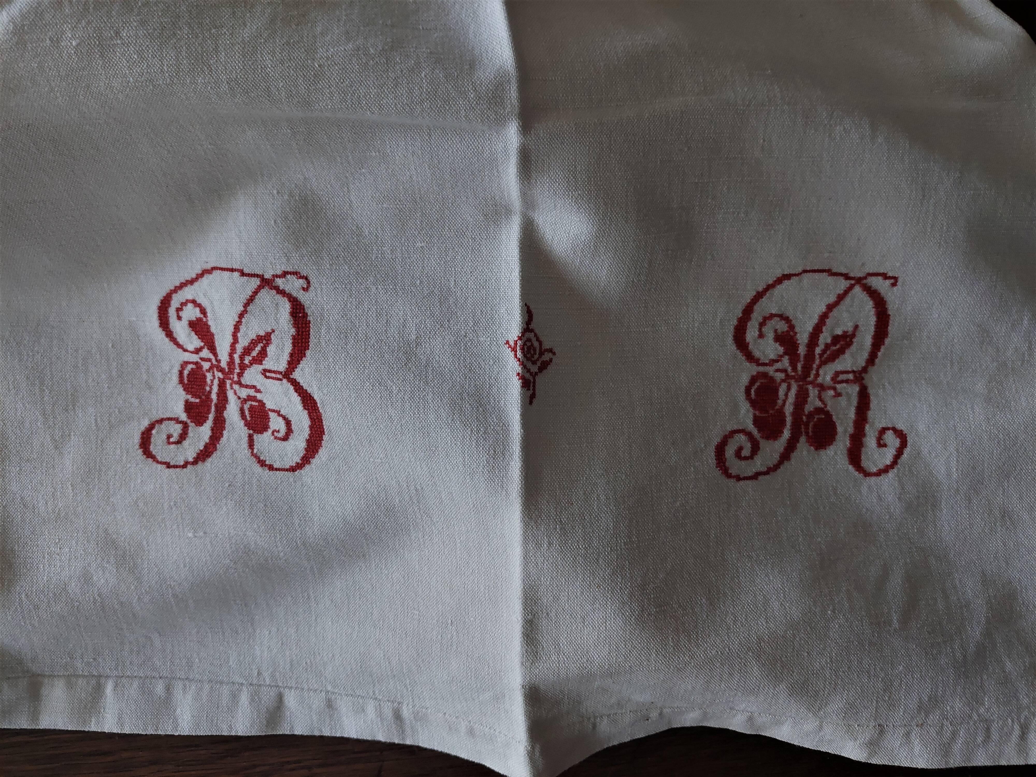 Old sheet embroidered monogram red, 205x230 cm