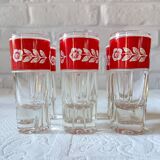 6 vintage red and white flower decorated liqueur glasses