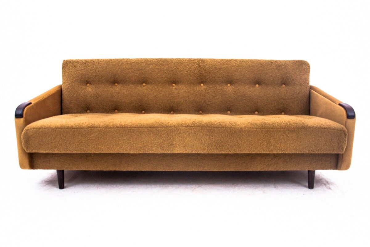 Midcentury modern yellow fabric bouclé sofa, Denmark, 1960s. After restoration.