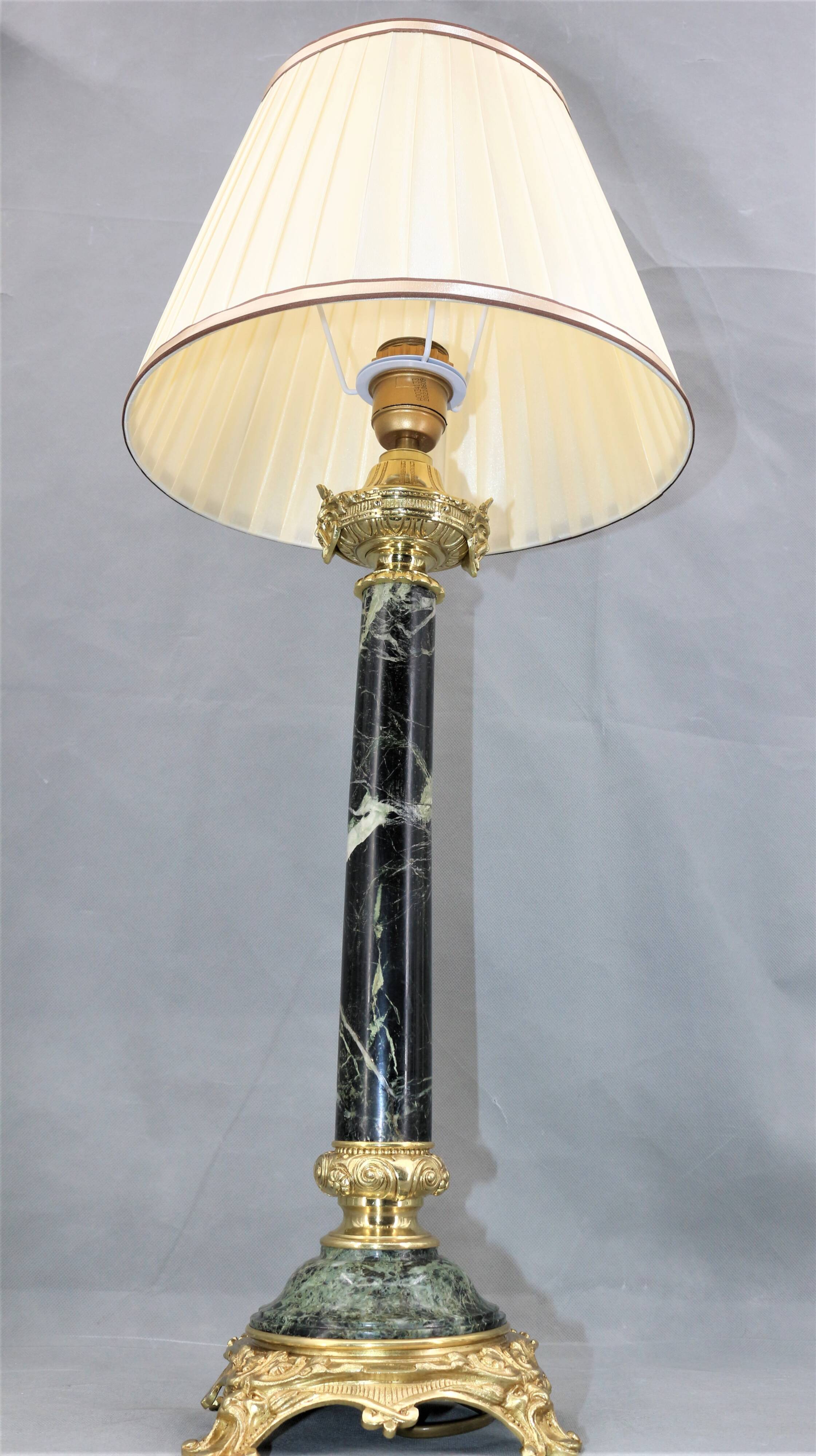 Lamp in gilded bronze & veined water green marble & pleated lampshade