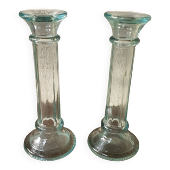 Duo de bougeoirs en verre bleuté