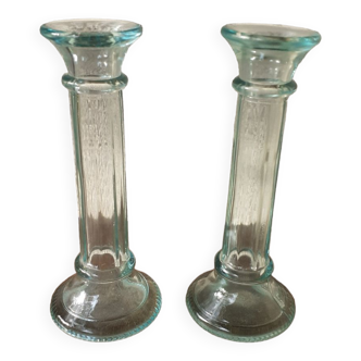 Duo of bluish glass candle holders