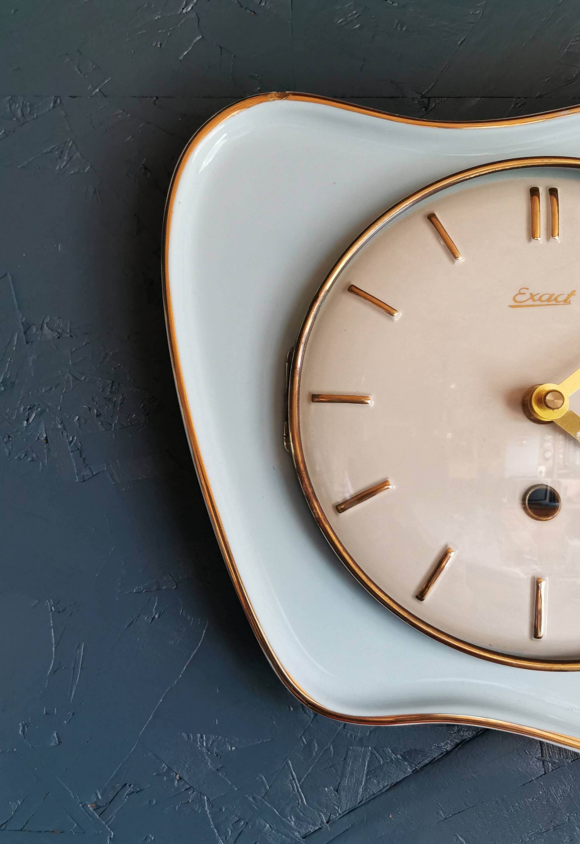 Vintage ceramic clock silent wall pendulum "Exact golden blue"