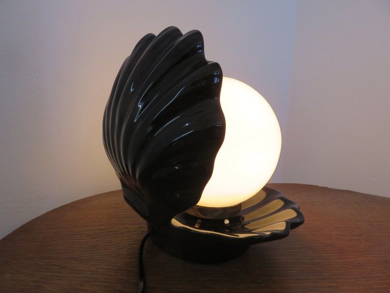Black ceramic shell lamp and white opaline ball 1970