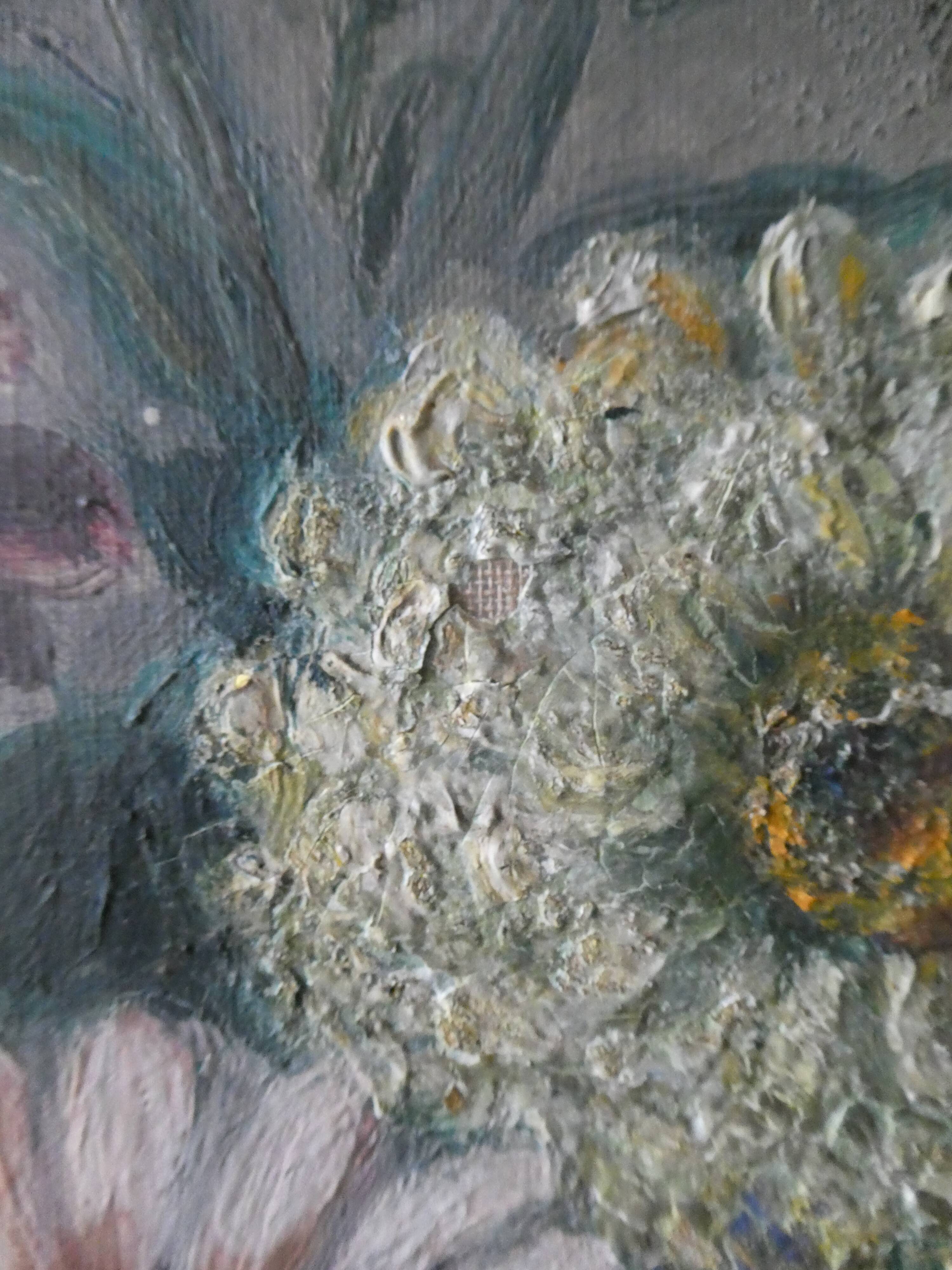 Table, oil on canvas, bouquet of flowers, signed