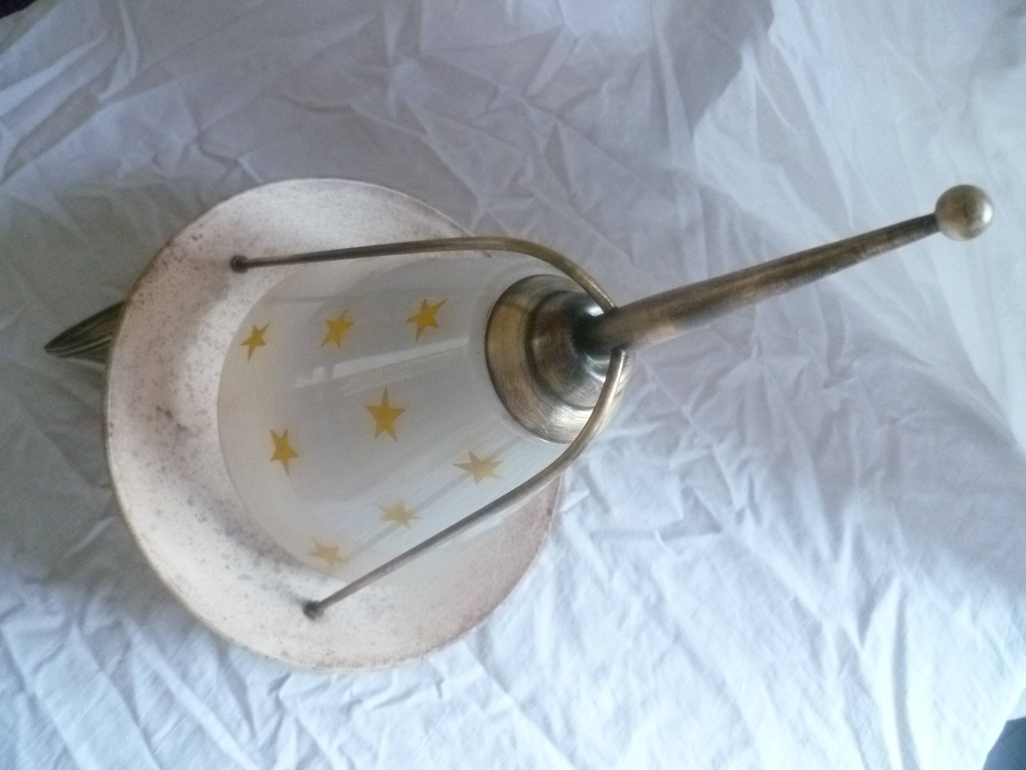 VINTAGE PAINTED SHEET METAL CHANDELIER BRASS & GLASS 50/60's YELLOW