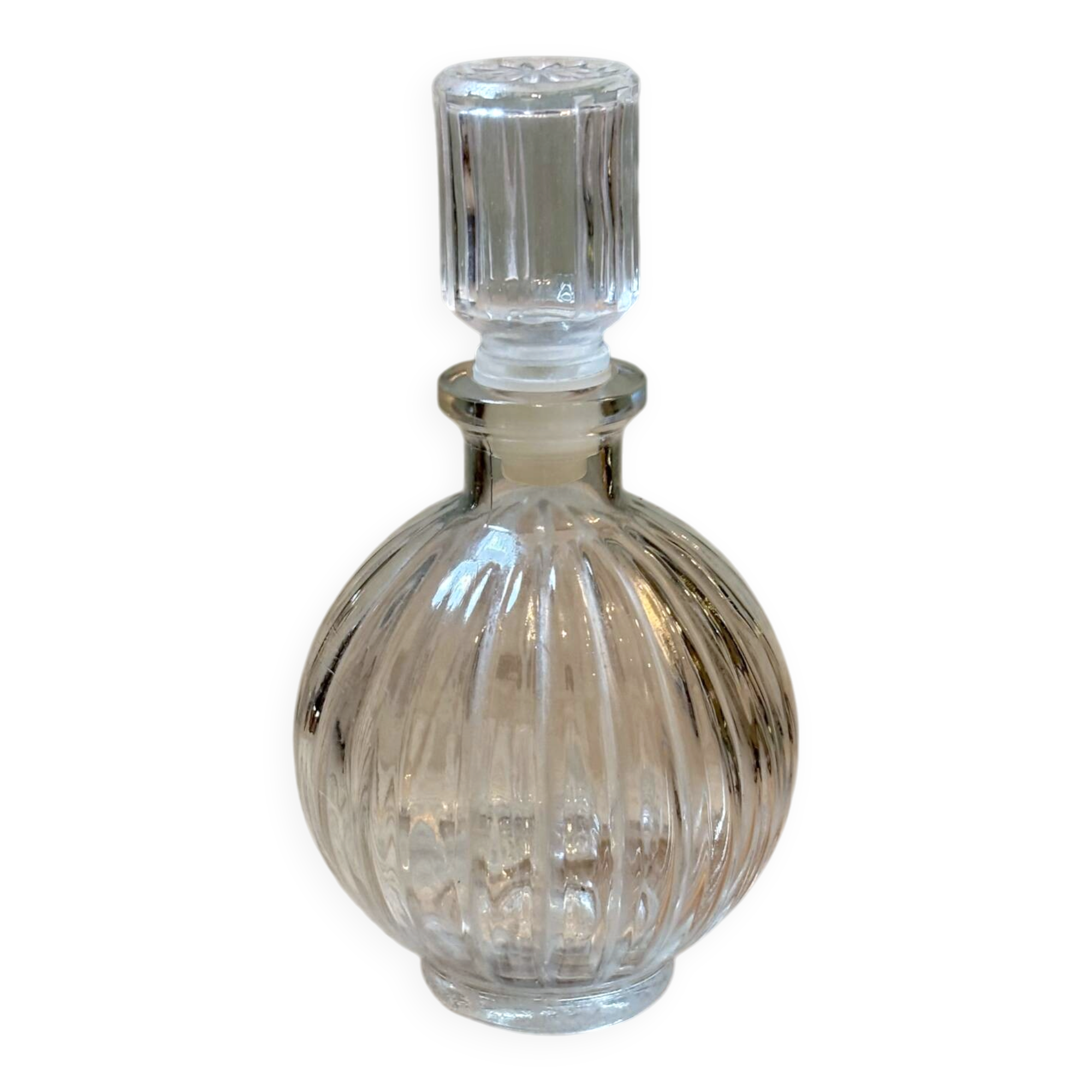 Vintage ribbed glass bottle with stopper – 19 cm