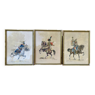 3 old engravings of horses / triptych riders golden frame