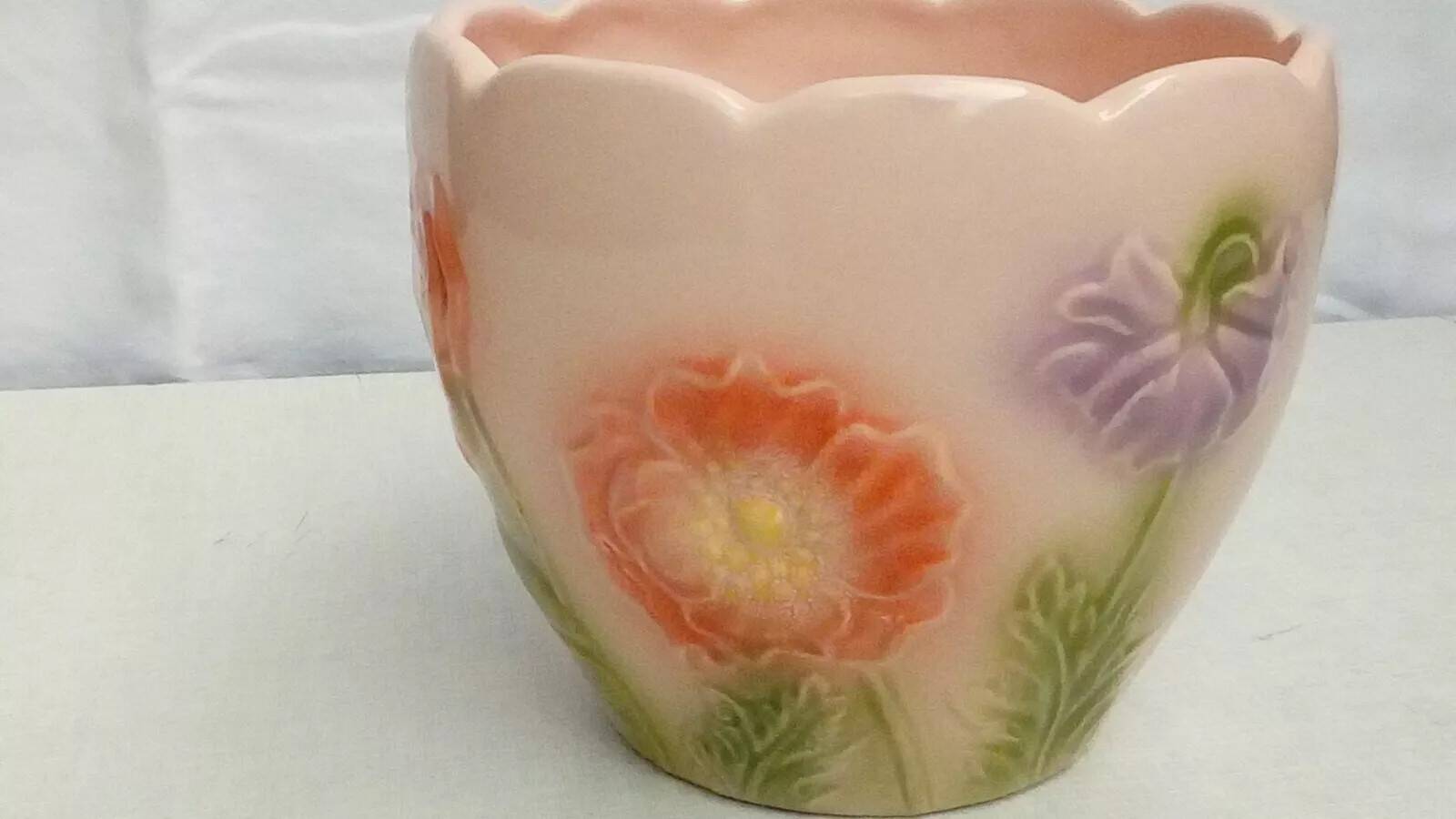 Barbotine earthenware planter with poppy flower decor