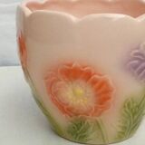 Barbotine earthenware planter with poppy flower decor