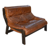 Brutalist sofa in oak and patinated leather, 1960s