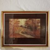Old painting, watercolor on silk, representing a banana plantation with two Creole houses