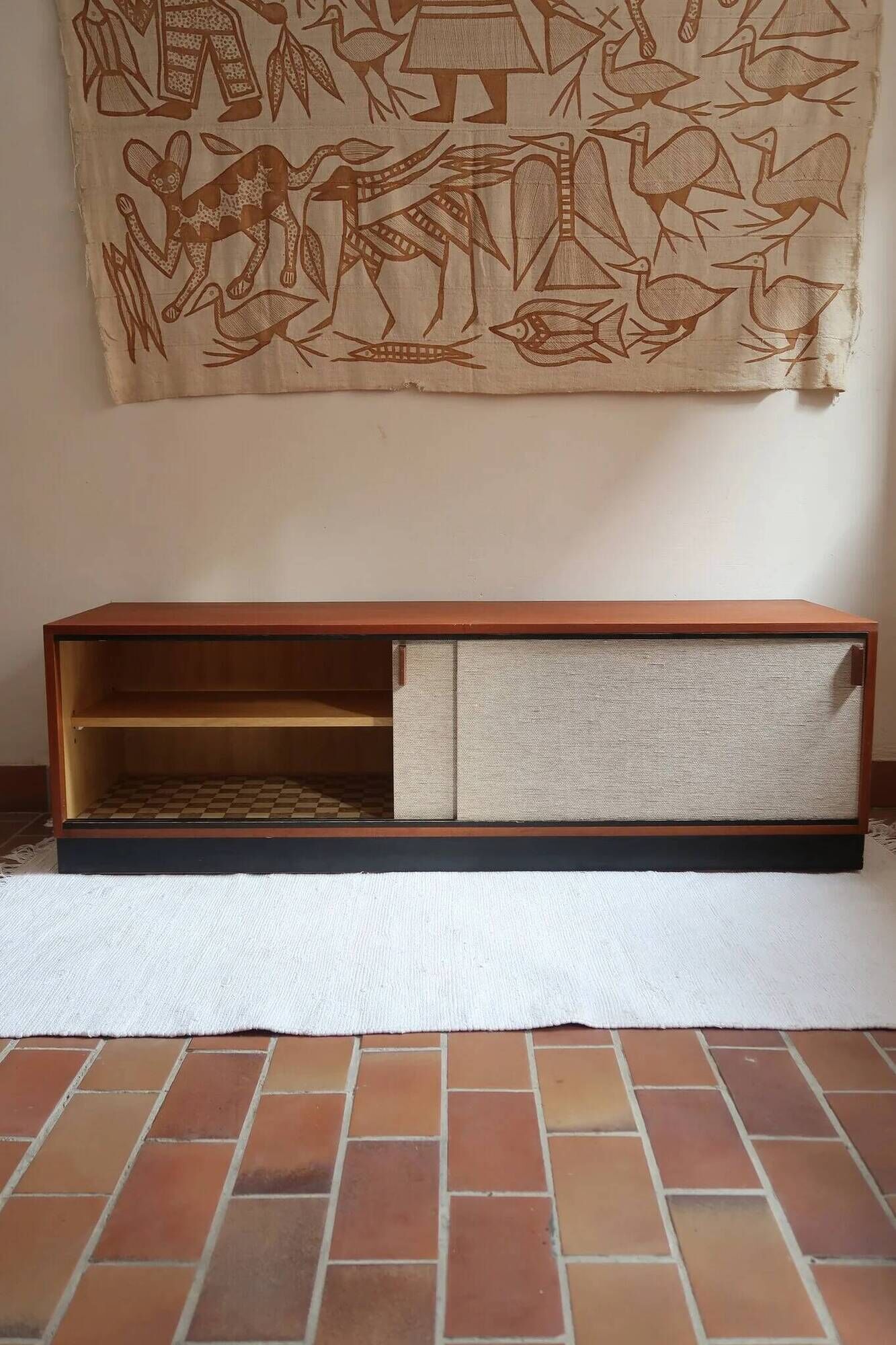 Teak enfilade, sliding canvas doors, 1960s.