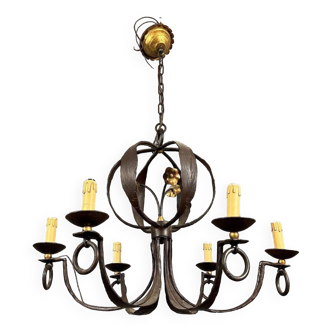 Vintage astrolabe chandelier in lacquered and gilded iron circa 1970