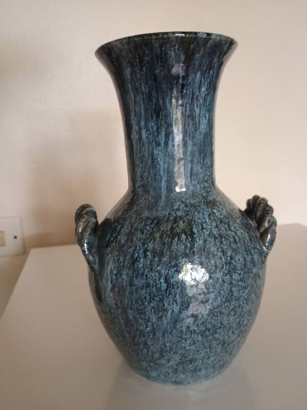 Accolay poterie Yonne - Vase double anse tressé - Grès émaillé bleu gris