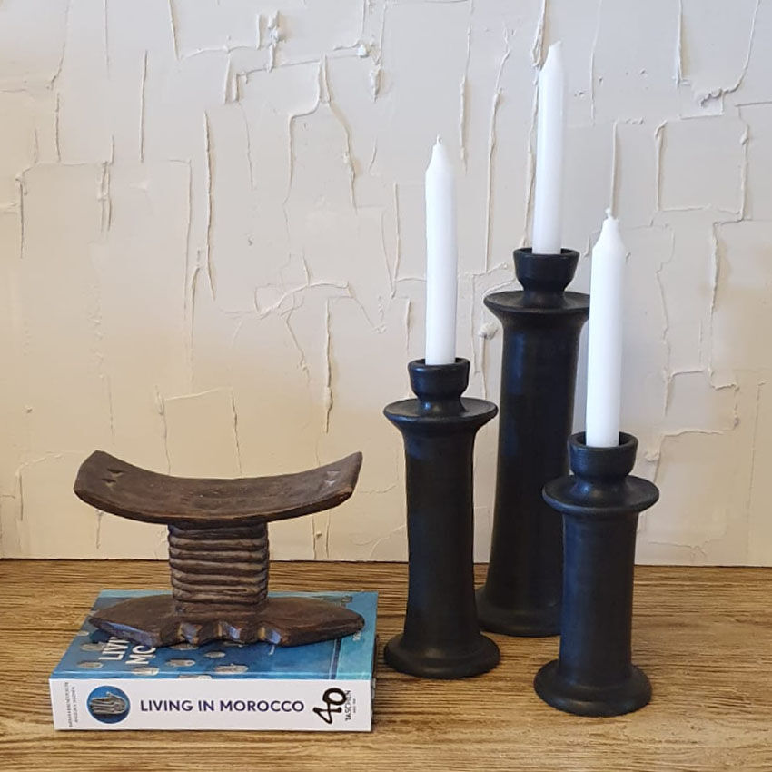 Set of three candlesticks in black tadelakt