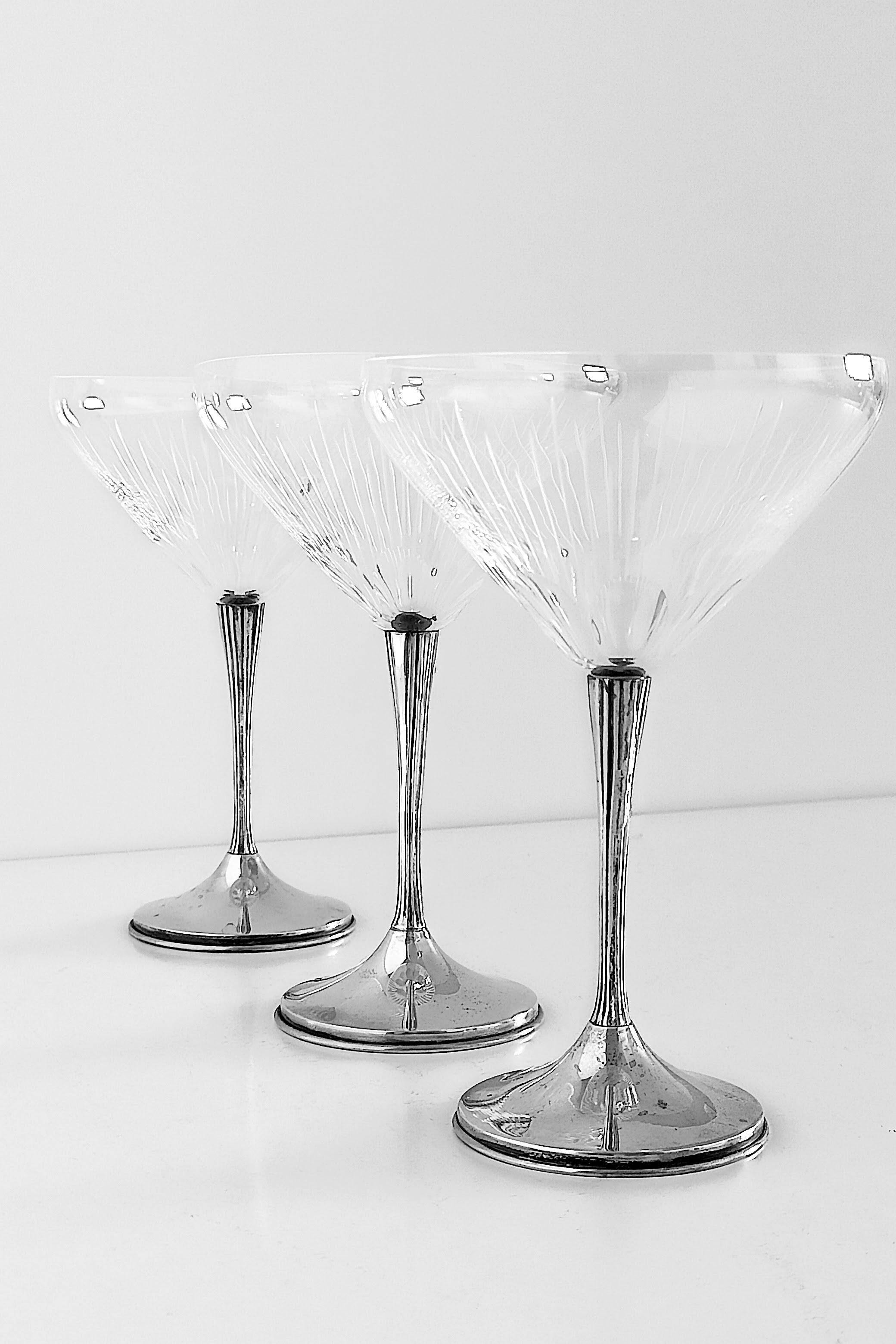 Art Deco Champagne Glasses Set of 3, Sterling Silver & Cut Glass