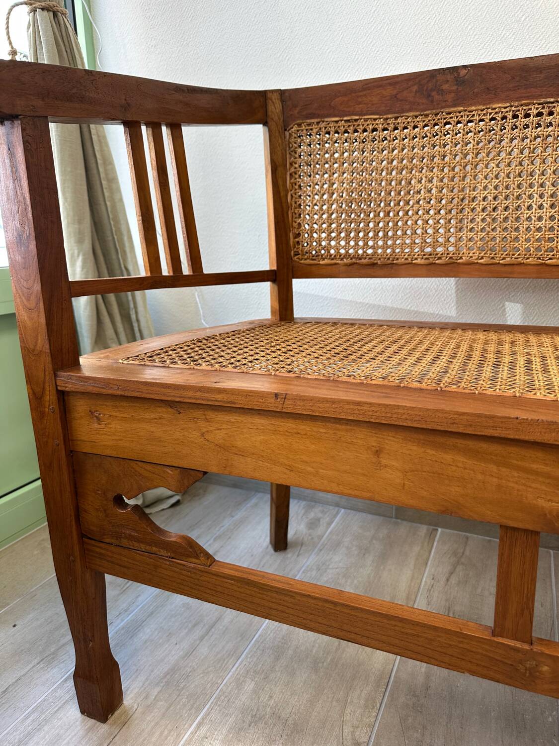 Art Deco wooden and cane bench