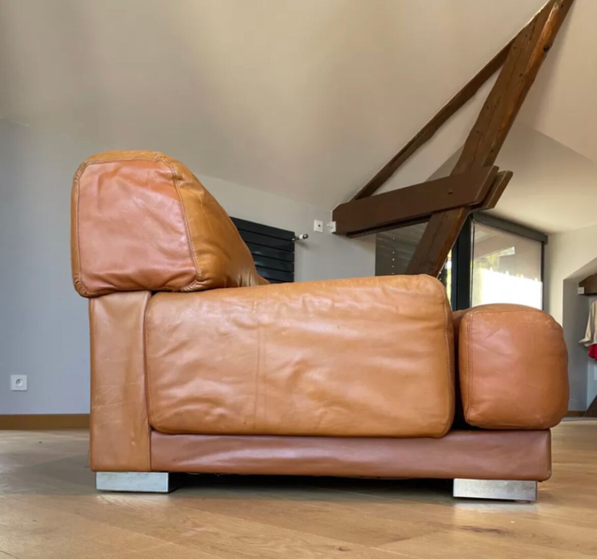 Vintage 3-seater sofa Gérard Guermonprez fawn and stainless steel leather, France 1970