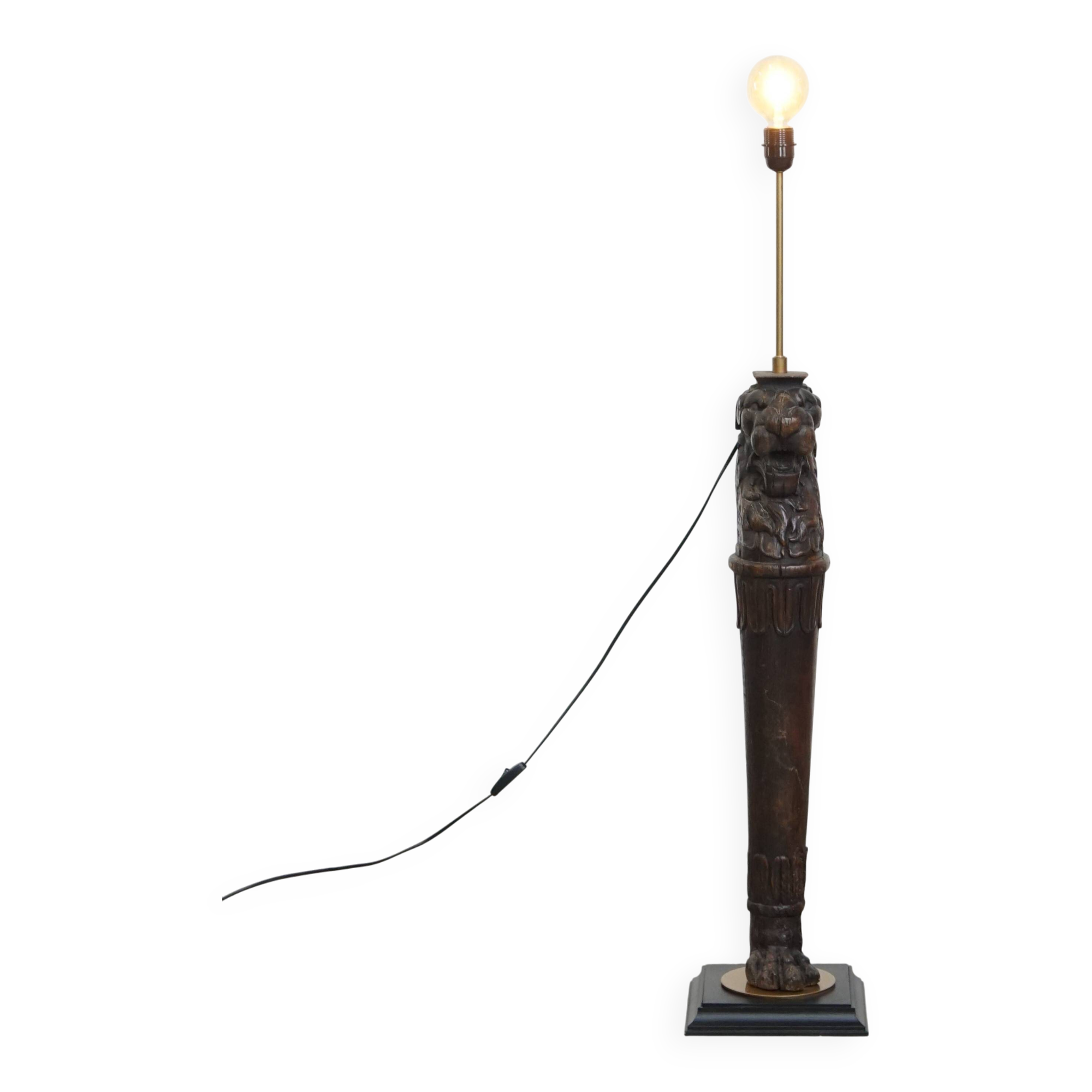 Hand-Carved Antique Wooden Floor Lamp with Lion Head