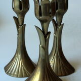 3 beautifull solid brass candle holders with floral motif, vintage from the 1960s