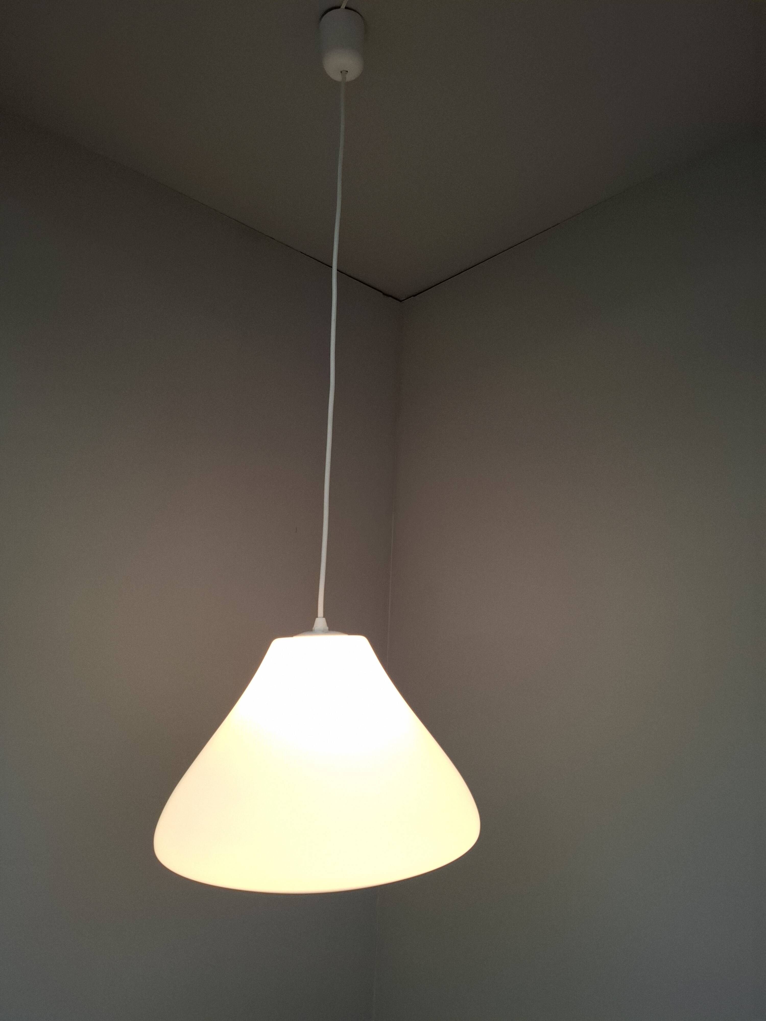 Czechoslovak Midcentury Modern Pendant Light in Opaline Glass and Plastic,